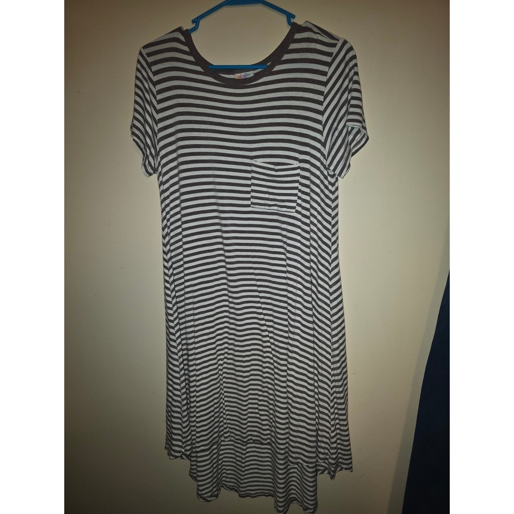 LuLaRoe Carly Dress Womens Small Gray White Striped Short Sleeve High Low Pocket